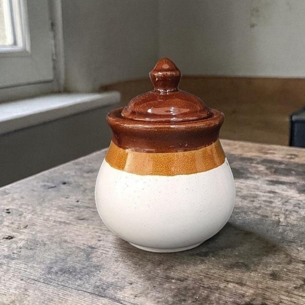 Stoneware Jam Jelly Or Honey Jar, Three Tone Beige & Brown Crock Lidded Canister